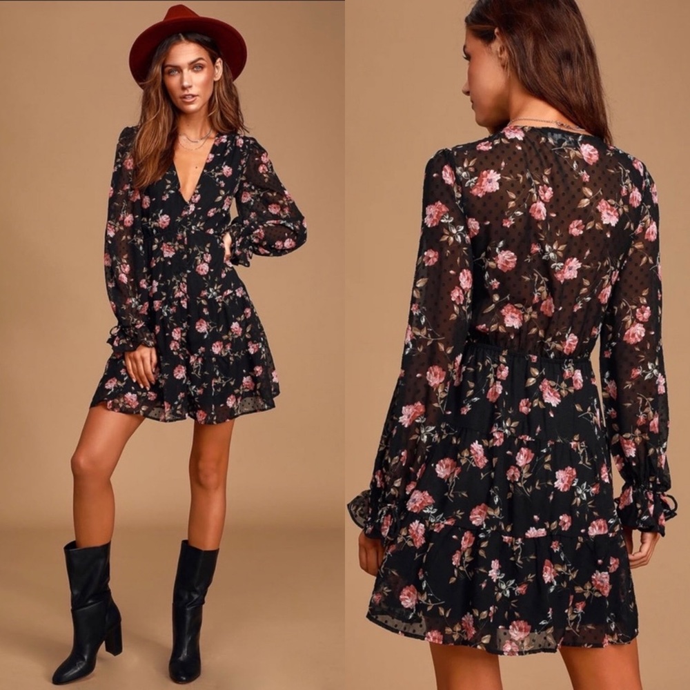 Lulu’s Fleur-ty Girl Black Floral Print Long Sleeve Babydoll Dress NWOT | XS